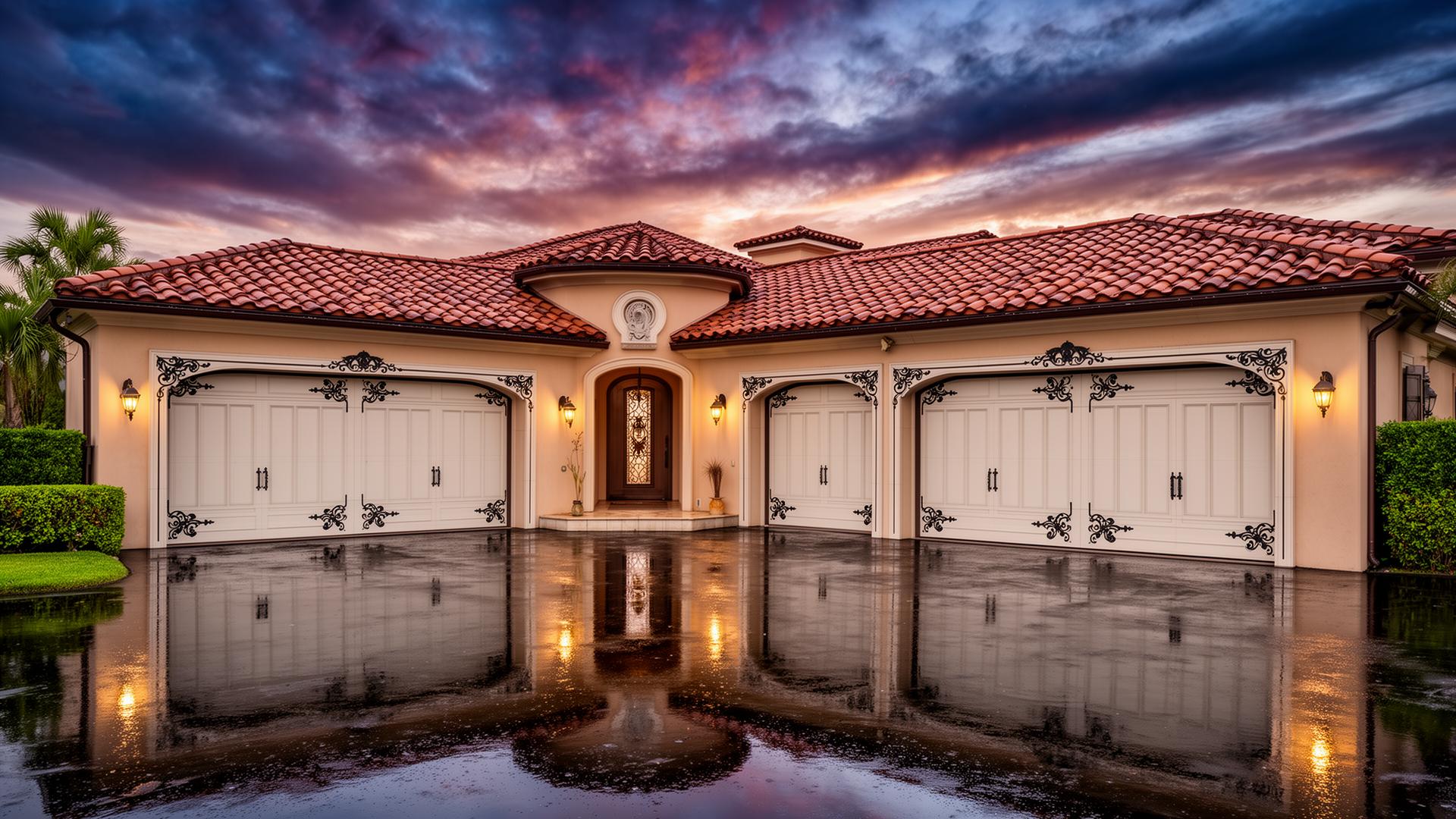 Elegant Victorian style garage doors on luxury Mediterranean villa with ornate trim details in Toronto Ohio